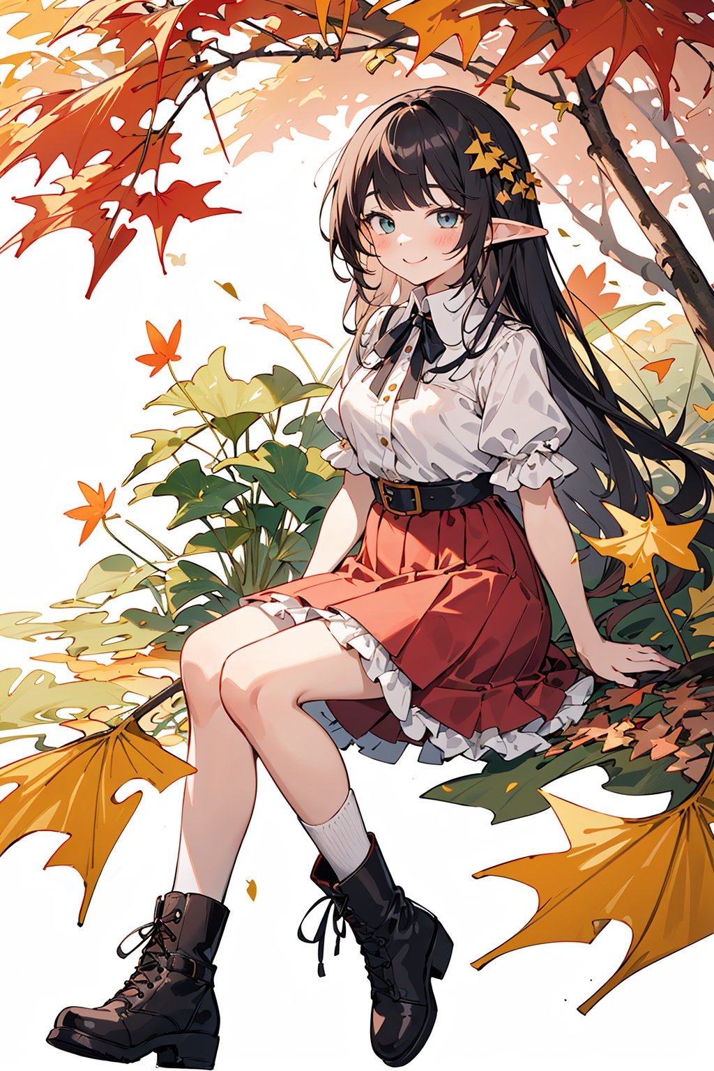 ((Botanical art white background)), 1 girl, cchubby, super long hair, blouse, skirt, frilly socks, ribbon, boots, elf, smile, autumn, lots of maple leaves and ginkgo trees with red leaves,