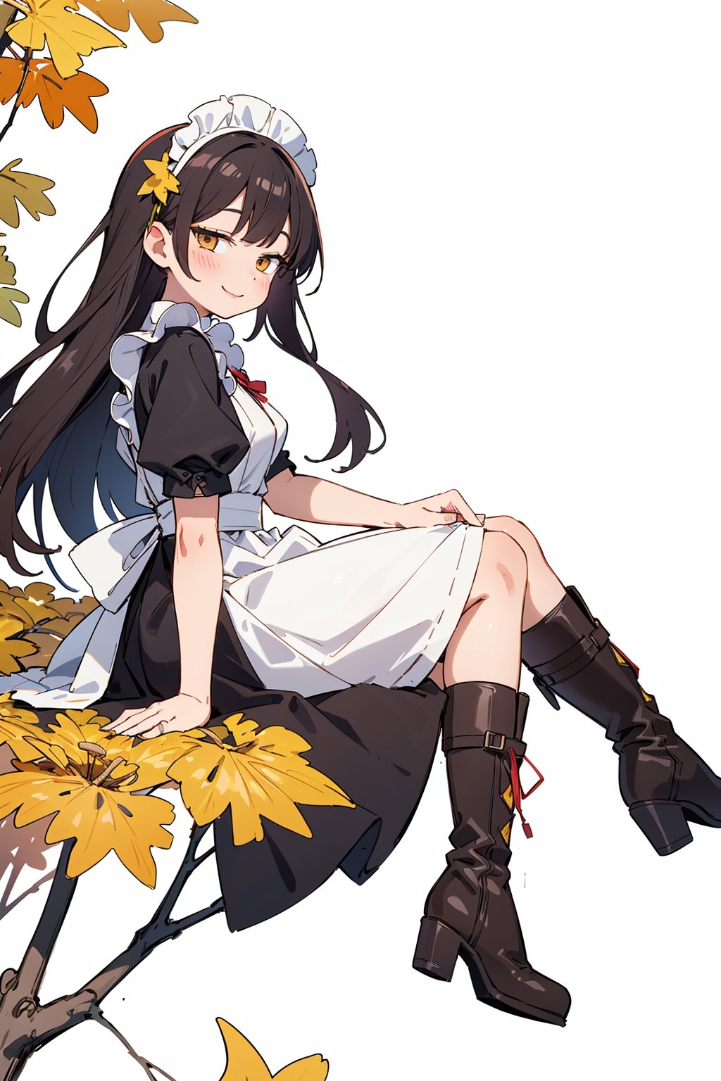 ((Botanical art white background:1.3)),1 girl,from side,dynamic pose, sitting, chubby, long hair, maid dress, boots, smile, autumn, lots of maple leaves and ginkgo trees with red leaves