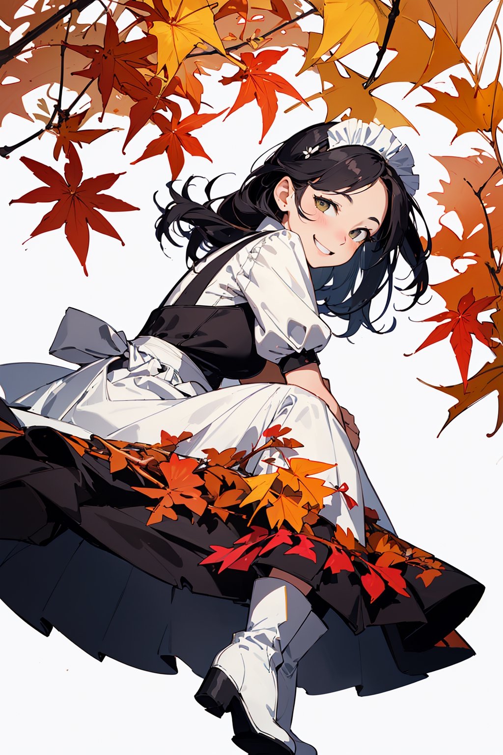 ((Botanical art white background:1.3)),1 girl,from side,dynamic pose, sitting, chubby, long hair, maid dress, boots, smile, autumn, lots of maple leaves and ginkgo trees with red leaves