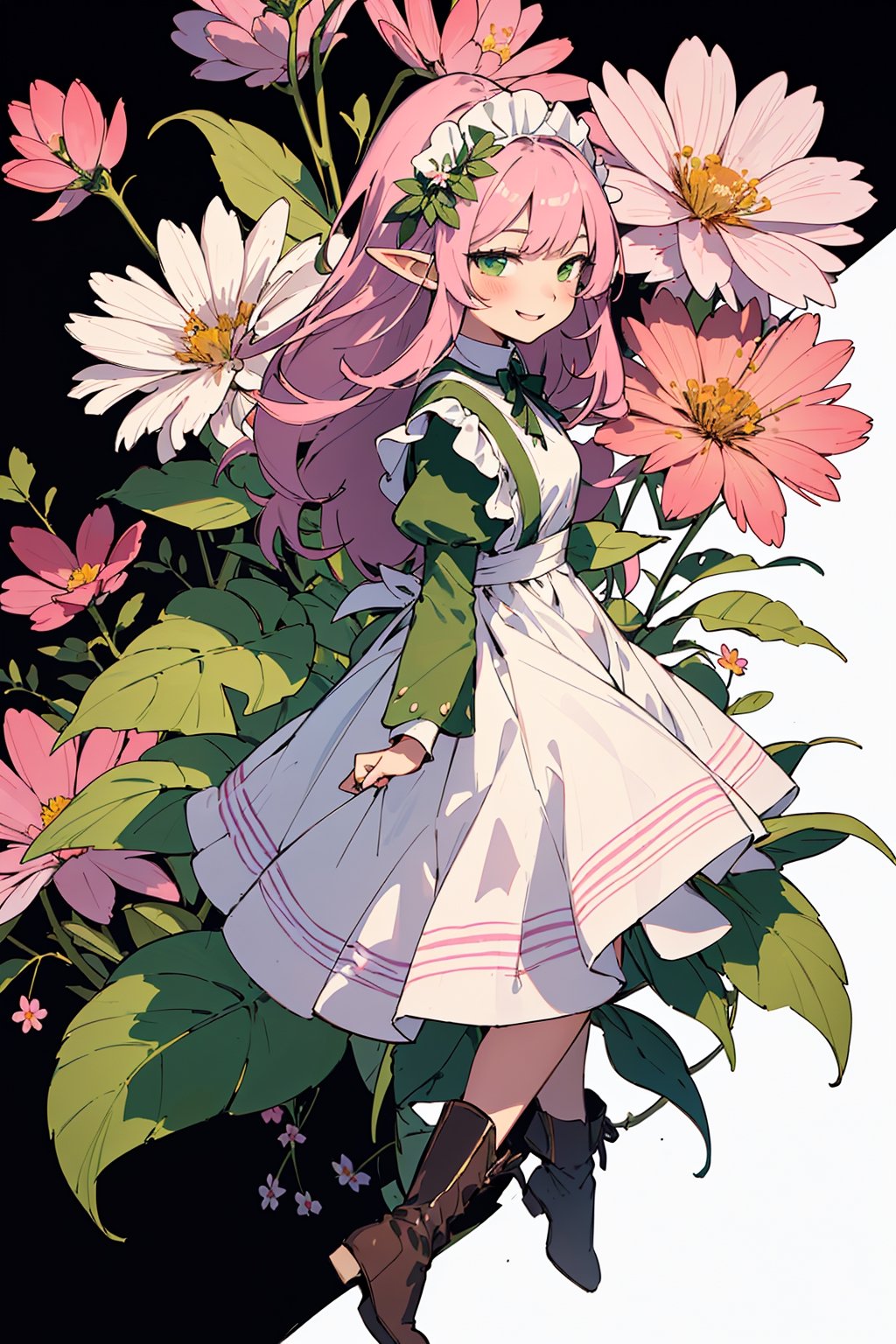 (small Botanical art white background:1.4), 1girl, from side, dynamic pose, cchubby, long hair, maid dress, boots, elf, little smile, autumn, (lots of pink cosmos \(flower\) and green leaves)