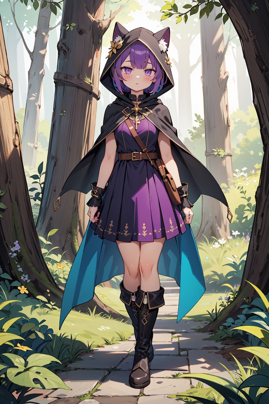 absurdres, (full-body), highres, ultra detailed, (1girl:1.3), close-up,BREAK
murderess dress, purple (transparent1.4) aura, huntress dress, dark cape with hood and gold details, leather boots,
Meadow in the forest, green leaves