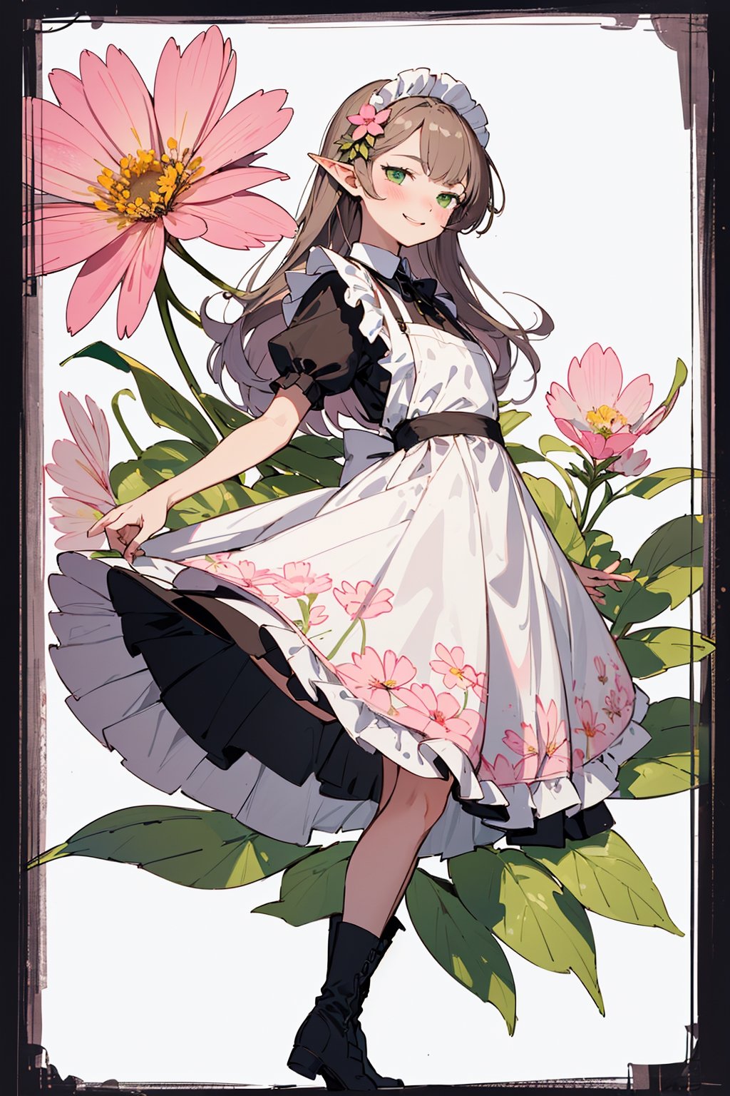 (small Botanical art white background:1.4), 1girl, from side, dynamic pose, cchubby, long hair, maid dress, boots, elf, little smile, autumn, (lots of pink cosmos \(flower\) and green leaves)