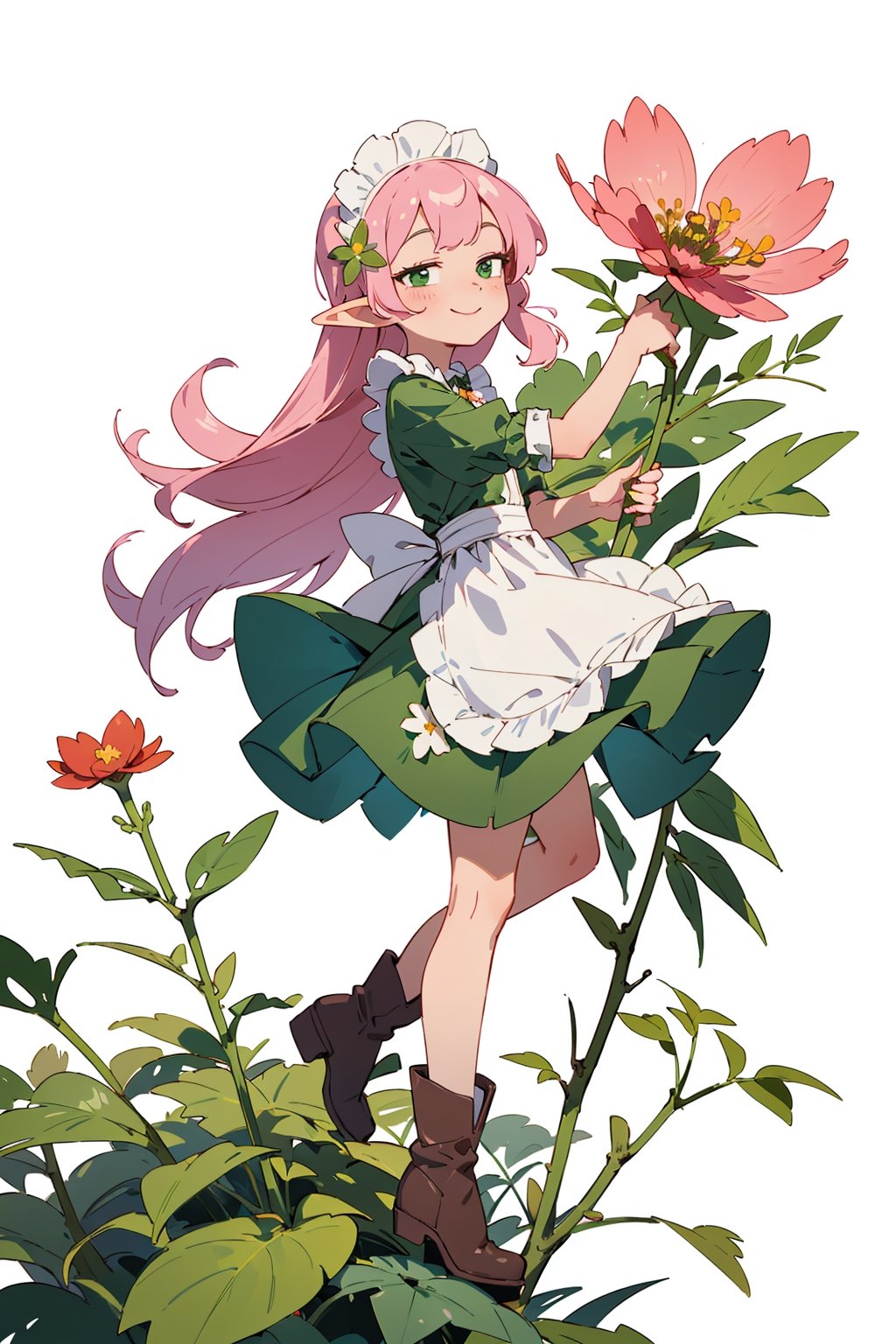 (small Botanical art white background:1.4), 1girl, from side, dynamic pose, cchubby, long hair, maid dress, boots, elf, little smile, autumn, (lots of pink cosmos \(flower\) and green leaves)