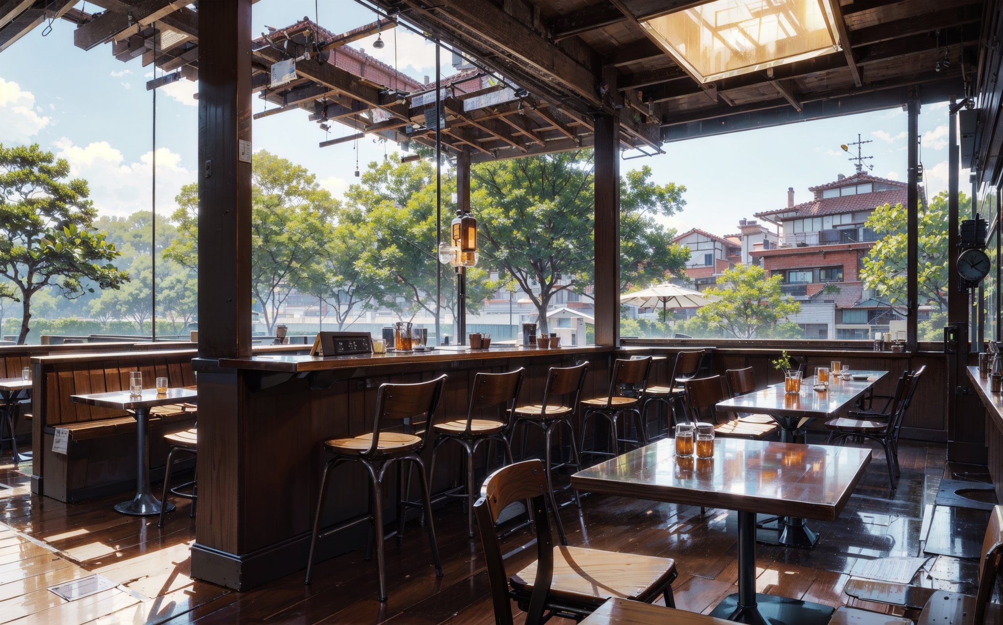 coffee bar, glass roof, intense outdoor sunlight, restaurant, architecture, modernism, hyper-realistic design, trees, chair, table, open view, colorful, idigital, illustration, peaceful, beautiful, cozy