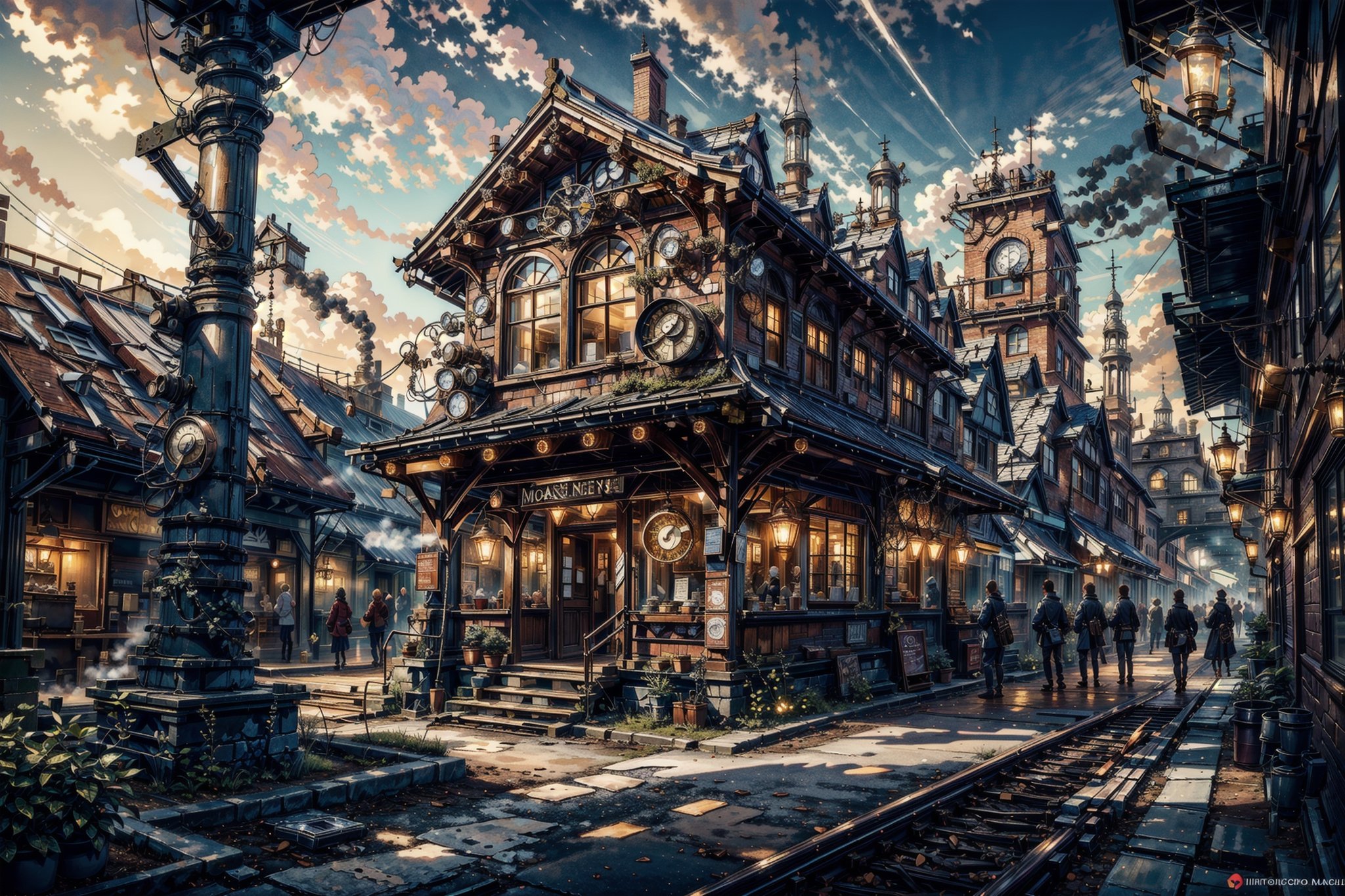 ((masterpiece:1.2)), stunning, hires, (high quality:1.5), hyper-realistic, (a steampunk style market building with lot of peoples), intense outdoor lighting, ((architecture)), high, clear sky, tree, moss, idigital, smokey, peaceful, beautiful, cozy, ,steam4rmor,High detailed ,Color magic,EpicSky,Saturated colors