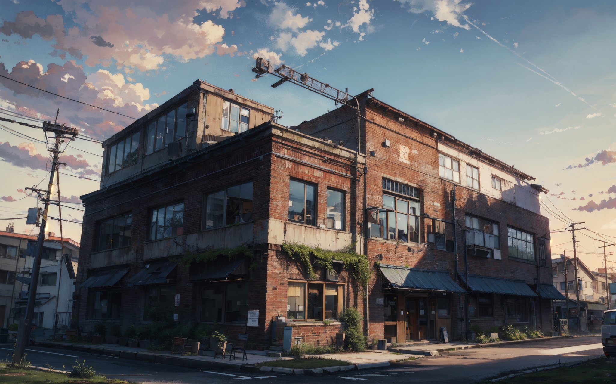 (masterpiece), stunning, hires, (high quality:1.3), hyper-realistic, a steampunk style industrial building, post-apocalypse, intense outdoor lighting, architecture, high, clear sky, tree, moss, idigital, peaceful, beautiful, cozy, 