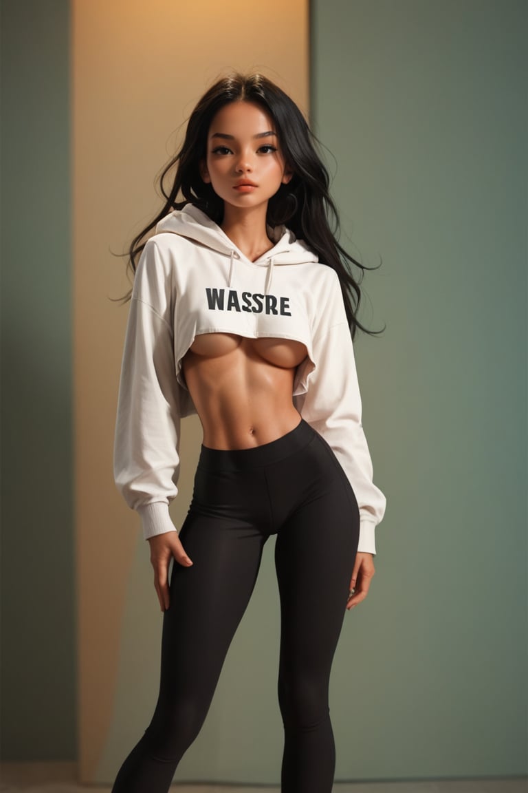 score_9, score_8_up, score_8,, (masterpiece, best quality), 1girl, solo, score_7_up,  young, narrow waist, large hip, pop hip, black hair, long hair, curvy hip, concept art, 2.5D, hoodie, croptop, underboob, navel, leggings