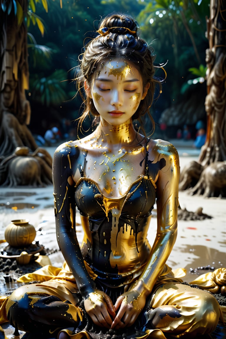 Best Quality, Beautiful, 16K, HDR, High Contrast, Extremely Detailed, Absurd, Wide Angle, Kodak Portra 1200, Fine Details and Textures, Warm Tones, Bright and Intense, Photography Lens, 1 Girl, Japanese Girl, (( Surreal face)) Photo of a wooden figure, a girl whose whole body is sprayed with gold paint, with carved patterns on her chest and mottled gold paint. Sitting cross-legged on the beach, she was dressed as the Taiwanese version of Avalokitesvara Bodhisattva, looking at the front view of the audience, sitting, covered in mud, (face covered in mud) clear and bright, Ultra-detailed face and single bun, bracelet, ultra-beautiful and beautiful, exquisite details, exquisite clear facial features, mythical surreal style, ((full body)), transparent, bare shoulders, bare arms, blurred, closed eyes, (girl hands Namaste), 1girl, xxmix_girl, dripping paint, liquid gauze, mottled gold paint, falling off, melting, generous sitting posture,dripping paint,abstact,aesthetic portrait,Sneakers Design