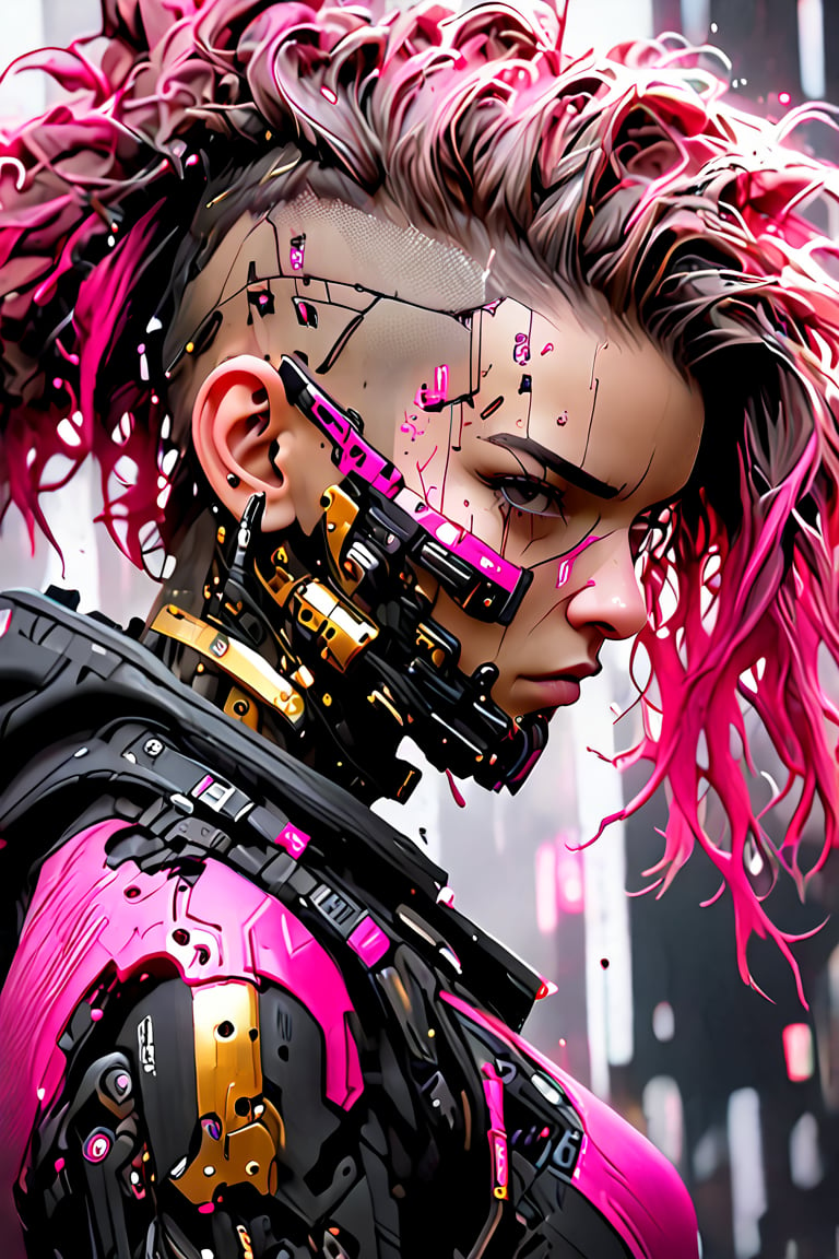 girl, cyberpunk, 8k, highly detailed, sci fi. magenta, black, gold