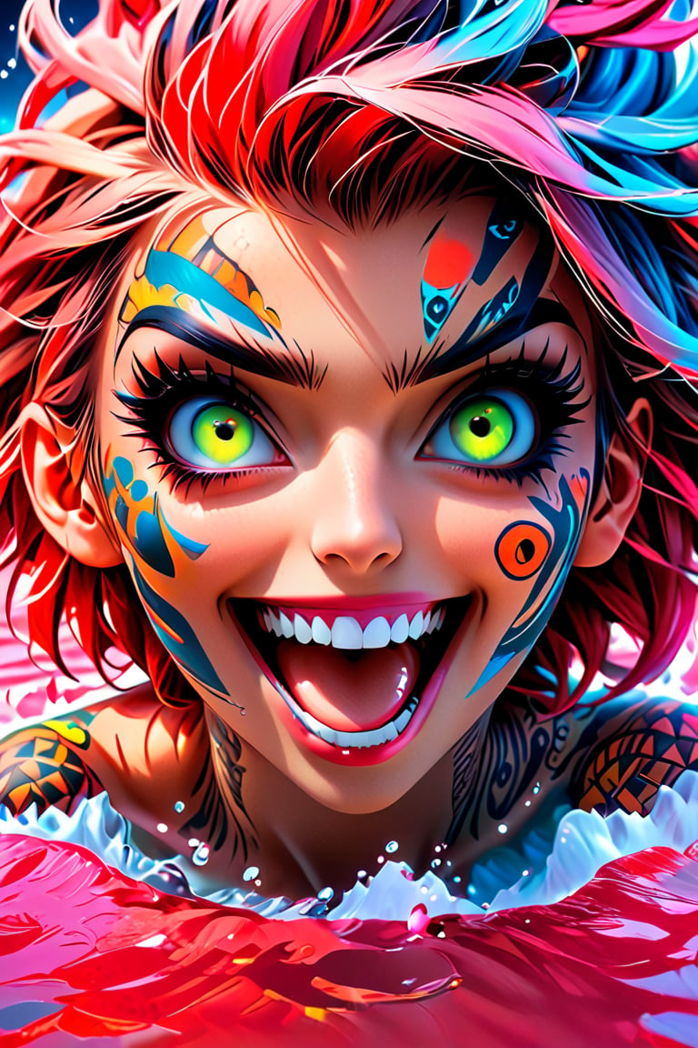 pretty girl, (face tattooed with patterns), colorful eyes, hyper realistic masterpiece in pastel and neon colors, beautiful 3d realistic anime woman, perfect face, smoky atmosphere, hyper realistic masterpiece, hyper realistic 3d anime vampire woman, (showing teeth and big fangs) (cute smile), dressed in black and red, (luminous platinum white hair), (pale white skin), visible particles, light from behind, hyper realistic detailed lighting, hyper realistic shadows hyper realistic masterpiece, high contrast water pastel color blending, sharp focus, digital painting, pastel blending art, digital art, clean art, contrast color, contrast, colorful, deep intense color, studio lighting, dynamic light, deliberate, concept art, high contrast light, strong backlight, hyper detailed, super detailed