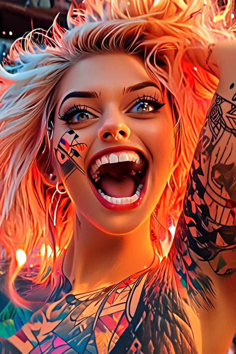 pretty girl, ((face tattooed with geometric patterns)), colorful eyes, hyper realistic masterpiece whith luminous gold and white colors, beautiful 3d hyper realistic anime girl, perfect face, pretty face, smoky dark atmosphere, hyper realistic masterpiece, (showing big fangs) (cute smile), dressed in black and red, ((luminous white hair)), (pale white skin), visible particles, light from behind, hyper realistic detailed lighting, hyper realistic shadows hyper realistic masterpiece, high contrast, sharp focus, digital painting, digital art, clean art, contrast color, contrast, deep intense color, studio lighting, dynamic light, deliberate, concept art, high contrast light, strong backlight, hyper detailed, super detailed 