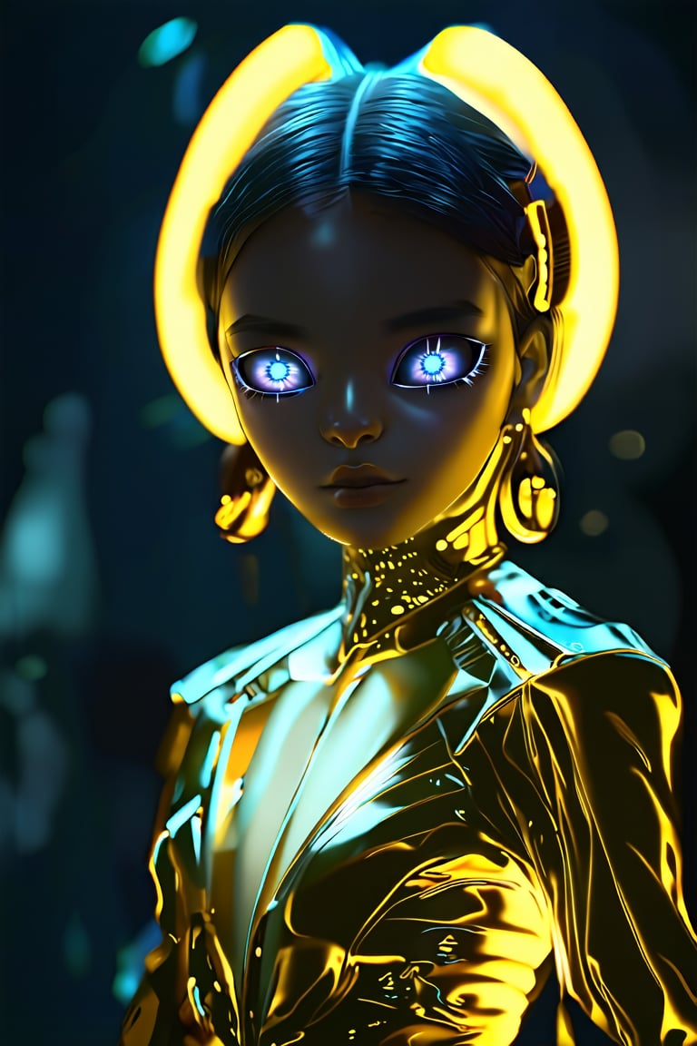 girl, blurry background, glowing, glowing eyes, science fiction, alien, elegant clothes, gold neon, cute