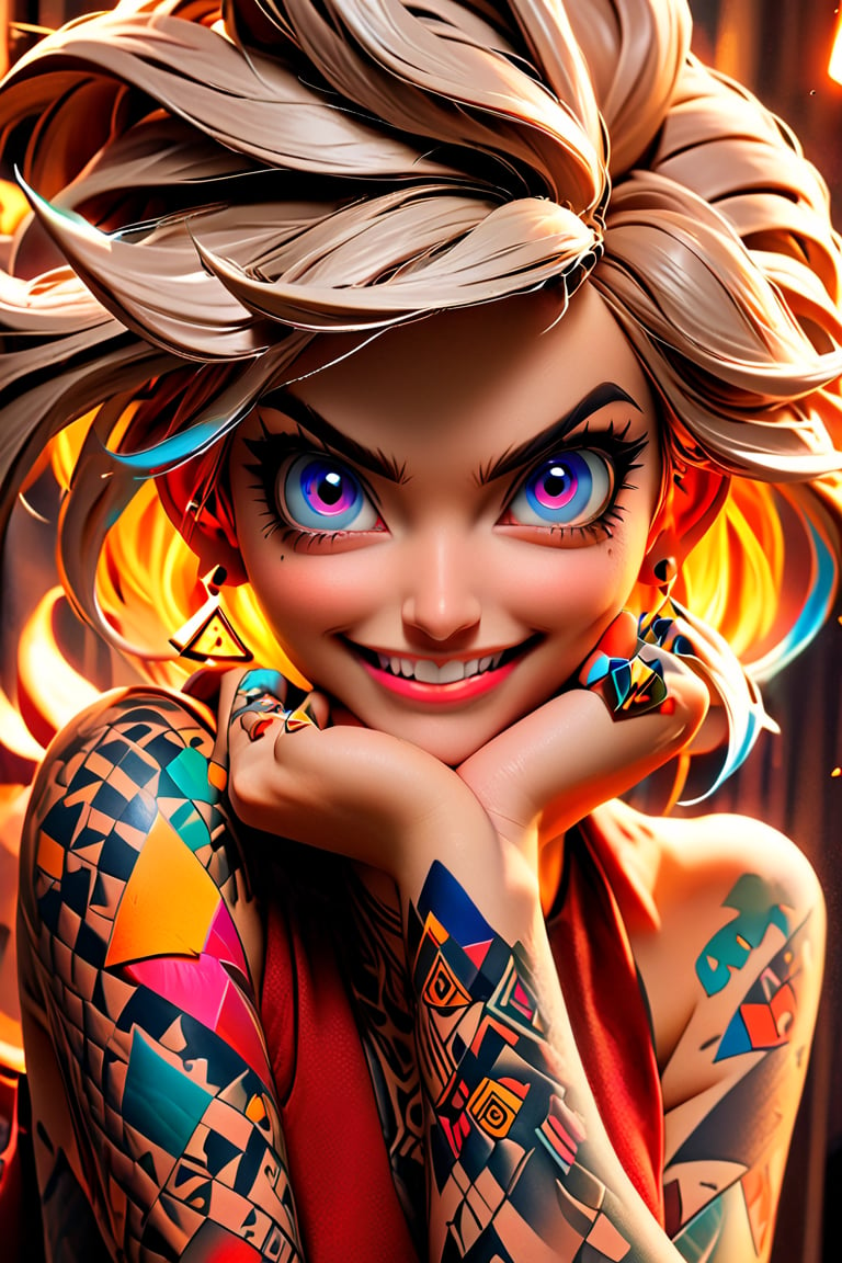 pretty girl, ((face tattooed with geometric patterns)), colorful eyes, hyper realistic masterpiece whith luminous gold and white colors, beautiful 3d realistic anime woman, perfect face, smoky dark atmosphere, hyper realistic masterpiece, hyper realistic 3d anime woman, (showing big fangs) (cute smile), dressed in black and red, ((luminous white hair)), (pale white skin), visible particles, light from behind, hyper realistic detailed lighting, hyper realistic shadows hyper realistic masterpiece, high contrast, sharp focus, digital painting, digital art, clean art, contrast color, contrast, deep intense color, studio lighting, dynamic light, deliberate, concept art, high contrast light, strong backlight, hyper detailed, super detailed 