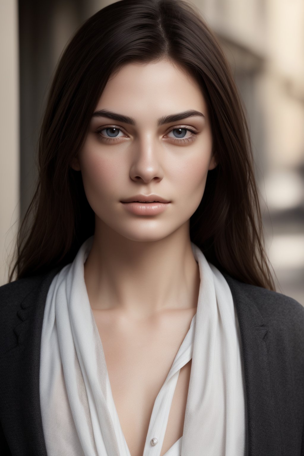 young woman. beautiful detailed face, black hair, pale skin, light skin, realistic skin, detailed fabric texture, detailed hair texture, perfect proportion, accurate, anatomically correct, highly detailed skin and face texture, modern, photorealistic, perfect face