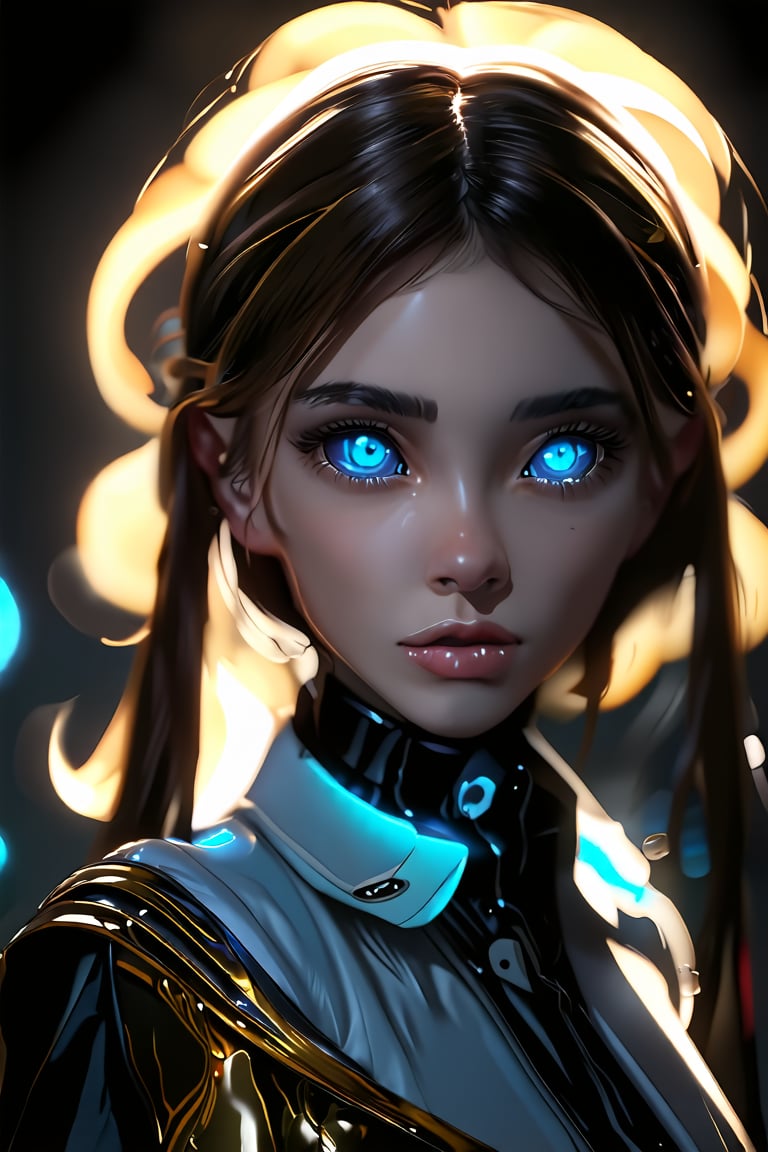 girl, cute, blurry background, glowing, glowing eyes, science fiction, elegant clothes, gold neon, cute