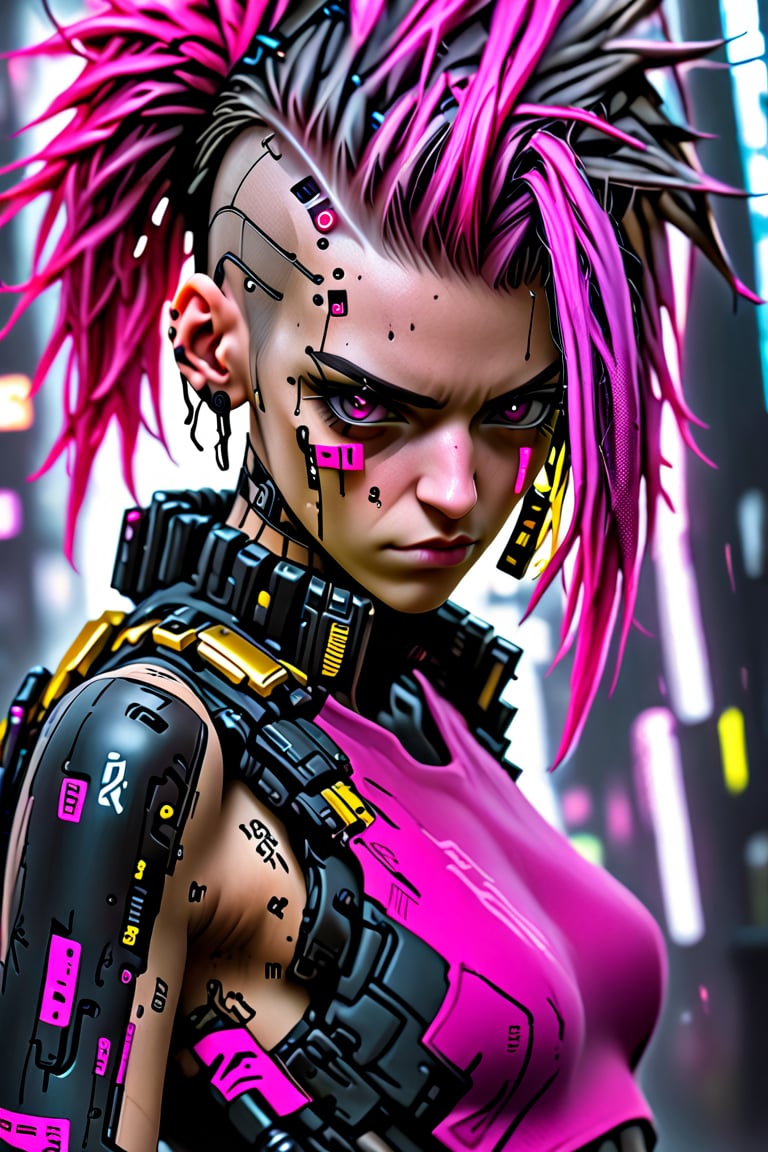 girl, cyberpunk, 8k, highly detailed, sci fi. magenta, black, gold