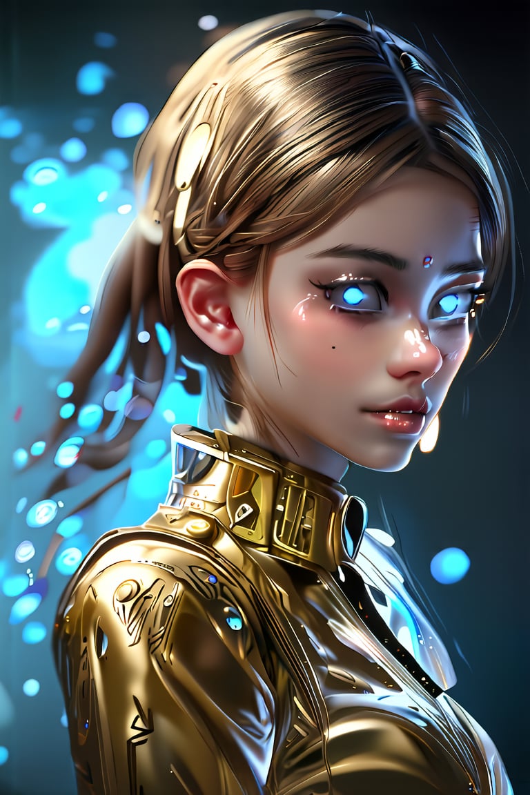 girl, cute, blurry background, glowing, glowing eyes, science fiction, elegant clothes, gold neon, cute