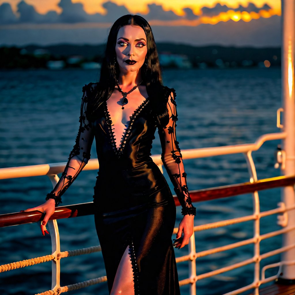 nsfw, soft focus, low saturation, low contrast, photorealistic, highest resolution possible, captured with Canon R5 and 300mm lens at f/8. The sun has set in Jamaica. full length portrait of youthful Morticia Addams standing at the rail on a luxury yacht. She is strong and sexy on this beautiful Caribbean evening. 

High resolution, high color, 