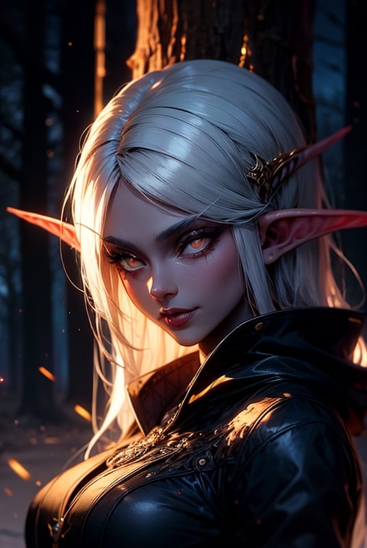 night elf woman,white hair, dark forest, 
beautiful woman portrait: 
8k resolution photorealistic masterpiece: 
8k resolution concept art intricately detailed, 1girl, 25 years old, stunning beautiful face, genuin smilelovely face, blue-brown eyes, beautifull,, complex, elegant, expansive, fantastical, style, Movie Still,r1ge,nightelf