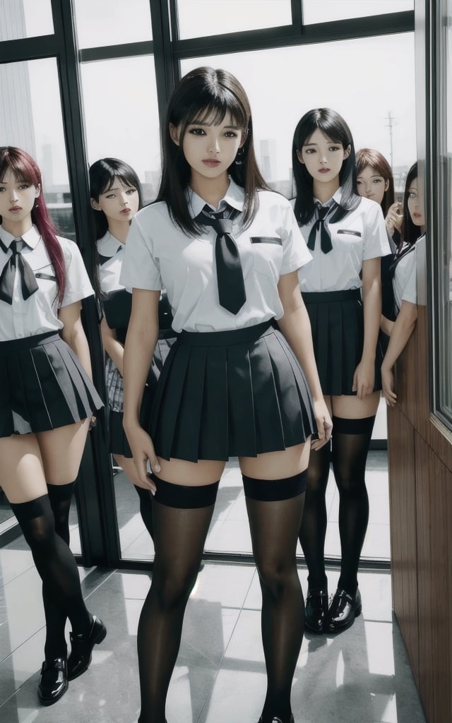 (best quality, masterpiece, RAW photo,ultra-detailed:1.2),realistic, looking at viewer, 
multipleGirlsGroup_v10:0.5,Harem,multiple girls,3girls,line-up, (school uniform, serafuku, pleated skirt, miniskirt, thighhighs),detailed panties,
standing on show-window, add_detail:0.4