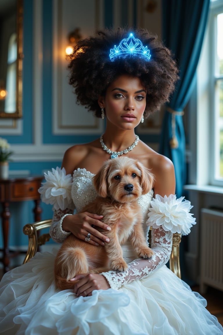 A portrait of a woman dressed in a lavish, historical-style gown, seated in an opulent room with classical architecture. She wears a large, voluminous afro hairstyle adorned with a glowing sparkling blue like tiara. The woman holds a fluffy, light brown dog close to her chest. The gown is white with intricate floral patterns, and she wears a delicate necklace and a ring on her finger. The room is decorated with blue drapery, a wooden table, and a window with a view of the outdoors. The overall color palette is dominated by soft blues, whites, and golds, evoking a sense of regality and elegance.
aidmaGlow, reflection, blue, white
