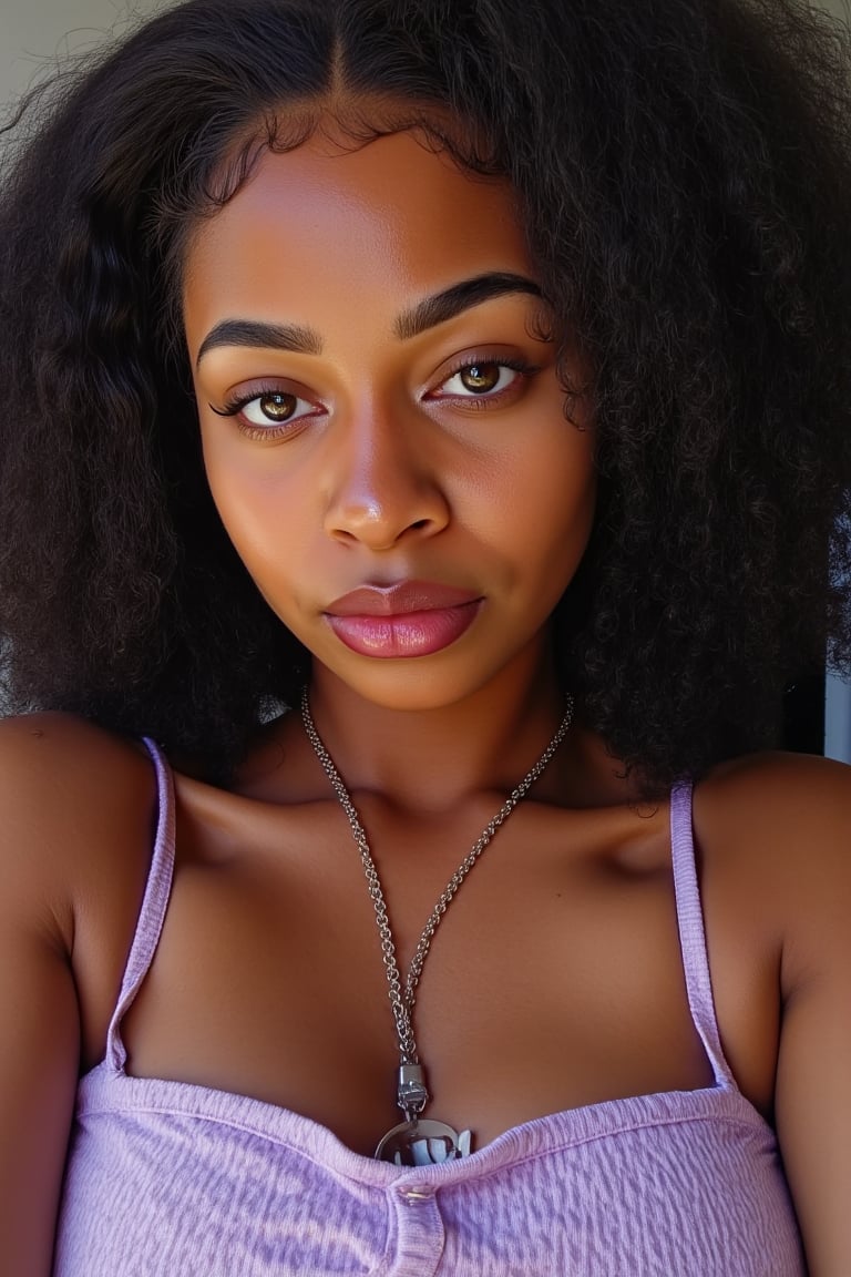 A portrait of an African American ady wearing a sundress, upclose shot, she has green hazel eyes and hers are glossy purple and she is expressing no emotions