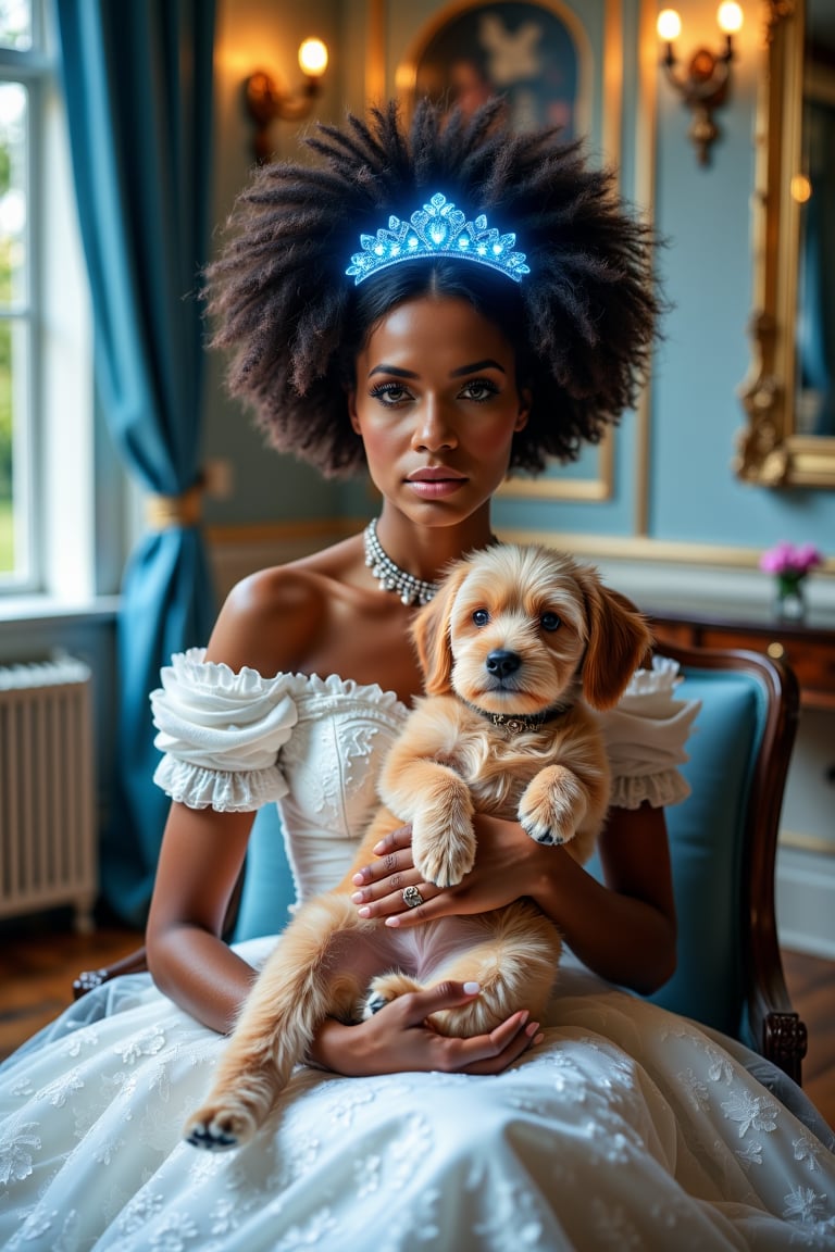 A portrait of a woman dressed in a lavish, historical-style gown, seated in an opulent room with classical architecture. She wears a large, voluminous afro hairstyle adorned with a glowing sparkling blue like tiara. The woman holds a fluffy, light brown dog close to her chest. The gown is white with intricate floral patterns, and she wears a delicate necklace and a ring on her finger. The room is decorated with blue drapery, a wooden table, and a window with a view of the outdoors. The overall color palette is dominated by soft blues, whites, and golds, evoking a sense of regality and elegance.
aidmaGlow, reflection, blue, white
