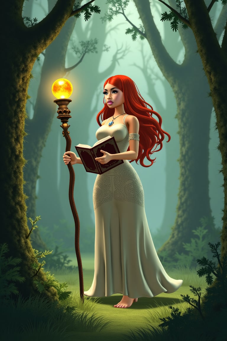 A fantasy-themed digital vu style rendering featuring a young woman with long, flowing red hair, standing amidst a dense forest. She holds a staff with a glowing orb at its top, and a book in her other hand. The woman is dressed in a flowing, light-colored gown with intricate detailing, and she wears a necklace with a pendant. The forest setting is lush with tall trees, their trunks and branches covered in moss, and the ground is covered in green grass. The background is filled with a misty haze, adding to the mystical ambiance. The overall color palette is dominated by greens, whites, and earthy tones, creating a serene and enchanting atmosphere.