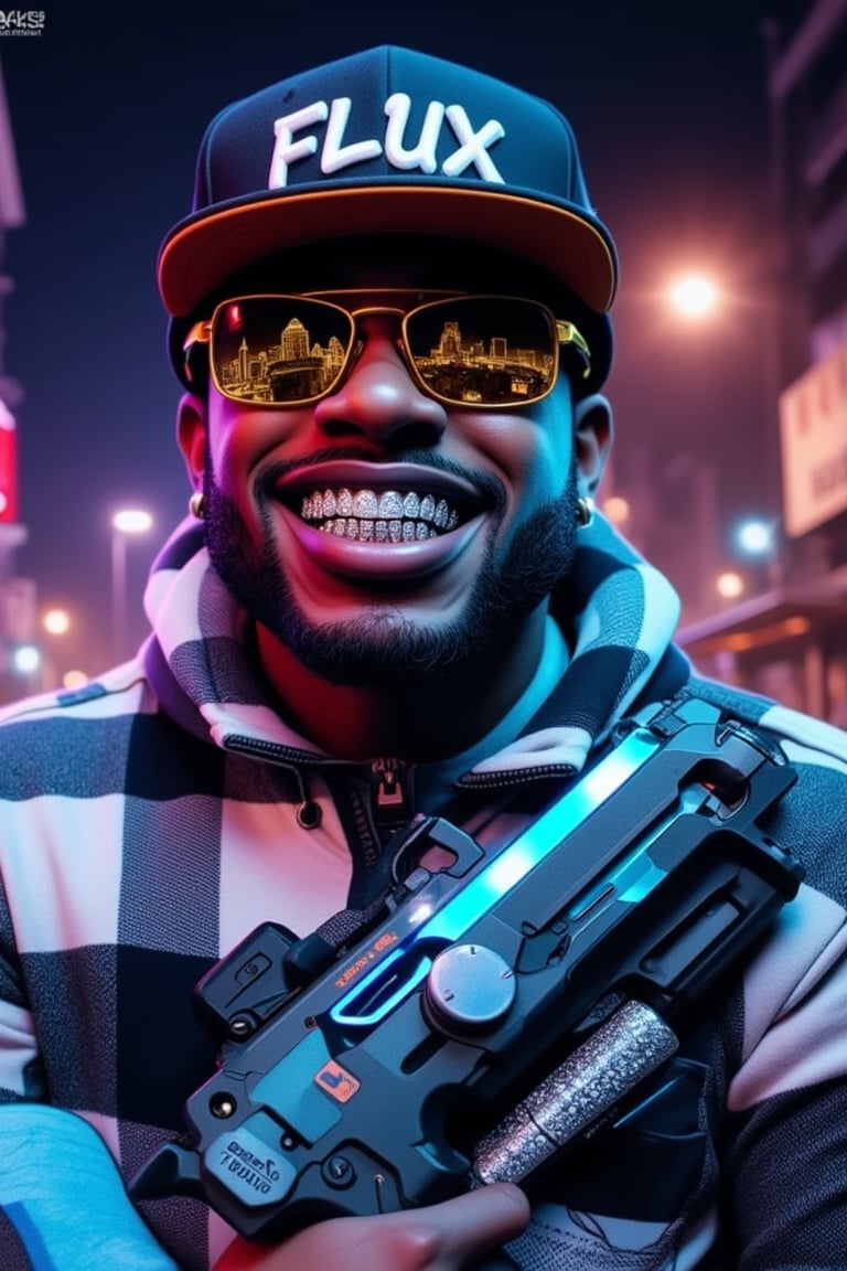 An photo of an African American man wearing a white and black checkered flannel shirt with with his silver sparkling teeth revealed and his lips are reflective.
he is looking into the viewer and he has a snapback hat with the word "FLUX" , he is wearing a golden tinted glasses with silver sparkling handles.
he firmly grips A small sleek futuristic cyber hunter's axe-gun glows with neon blue lines as it hangs at an angle from a shoulder holster. The metallic grip reflects dimly lit cityscapes in the background, while the razor-sharp blade appears ready to dismember any rogue AI threats.