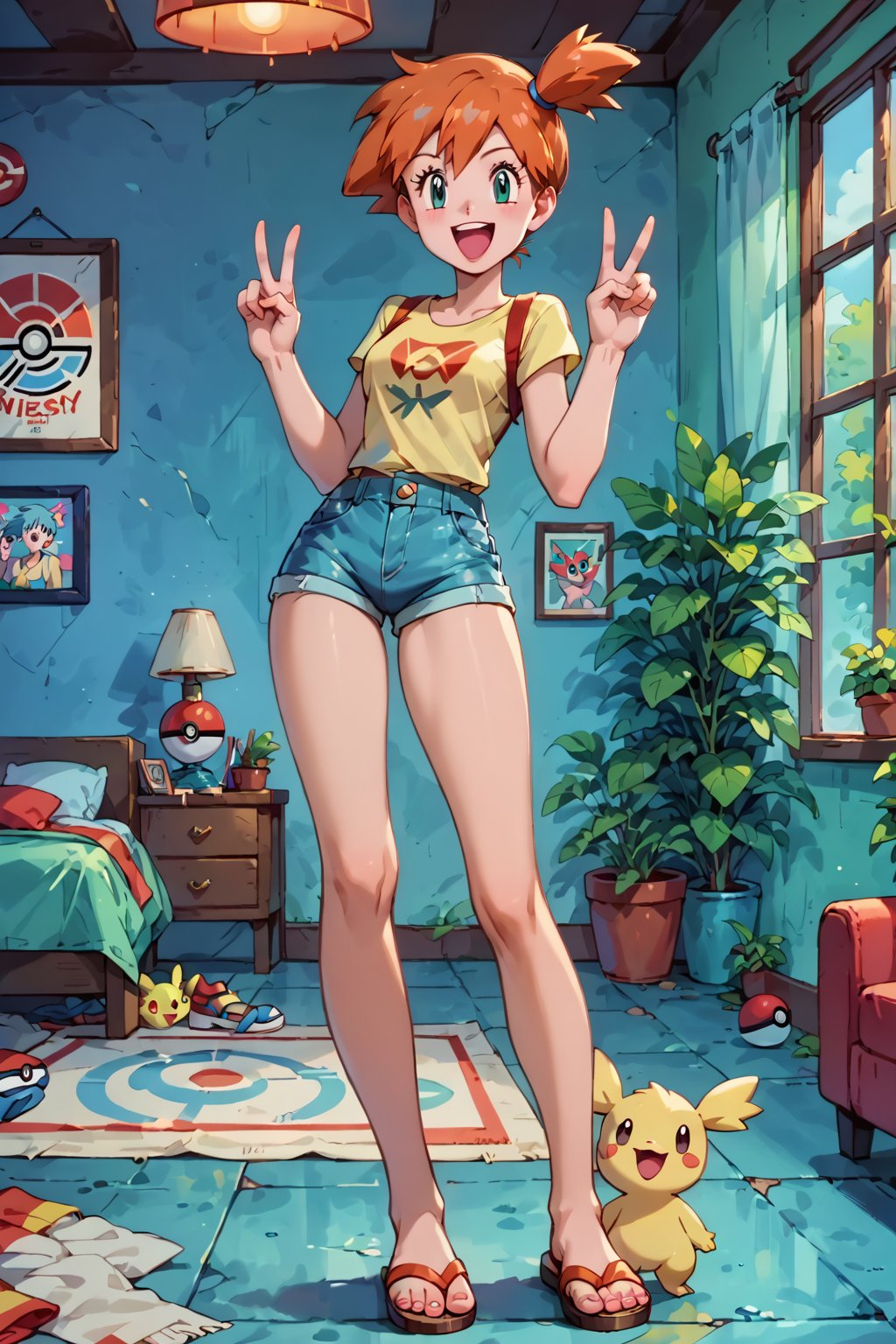 score_9, score_8_up, score_7_up, score_6, misty (pokemon), standing, room, sandals, laughing, overzised shirt, tight denim shorts, full body view, victory sign, pose,misty_\(pokemon\)