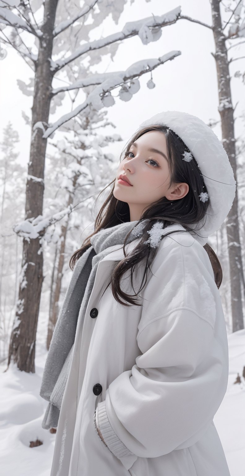 Christmas Eve, a snowy day, a young girl standing in a forest clearing, surrounded by tall, snow-covered trees, creating a picturesque scene with a magical and cozy atmosphere. The girl is wearing a warm woolen coat, a fluffy hat, and mittens,her face as she looks up at the falling snowflakes. Her breath is visible in the crisp winter air, and tiny icicles have formed on the branches above her head. The ground is covered in a blanket of untouched snow, and there is a sense of tranquility and serenity in the air. ,Realism