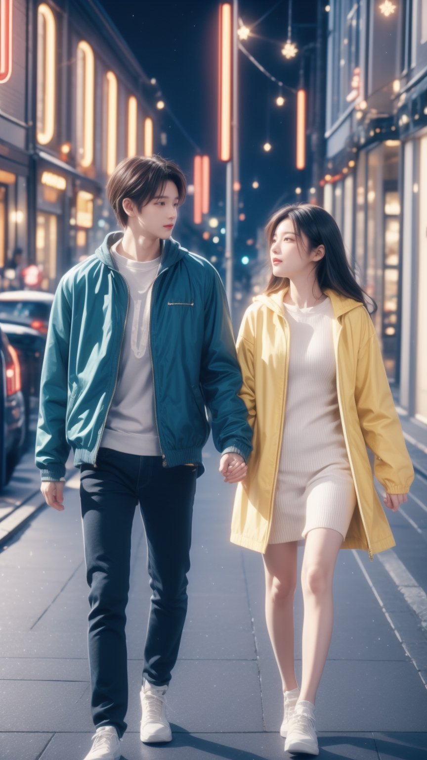 A couple holding hands in christmas, fan art, soft colors, girl with yellow jacket, boy with gray coat,DonMN30nChr1stGh0sts