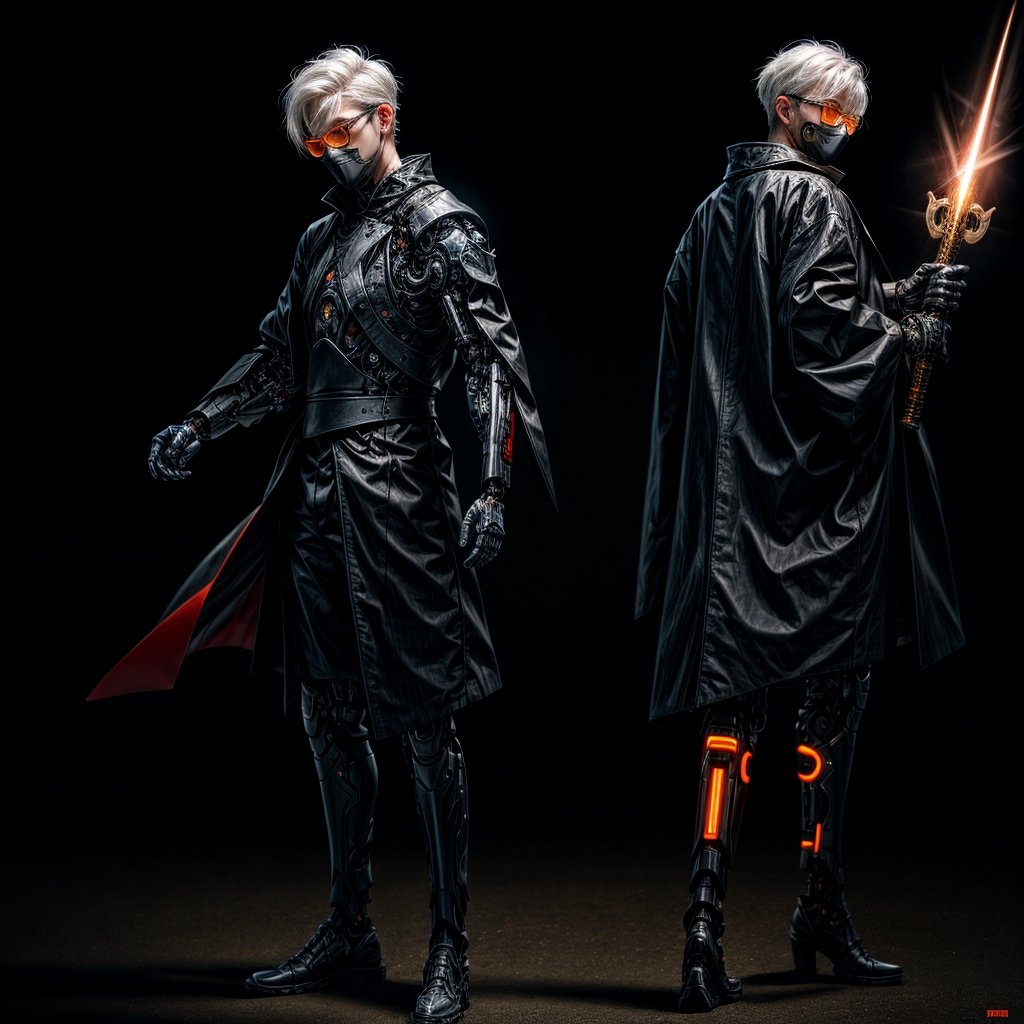  8k, ultra realistic, hyper realistic, detailed, full body, cyborg ninja, with white hair, holding sword, wearing futuristic glasses with black and orange outfit and long leather red coat, midnight cinematic lighting