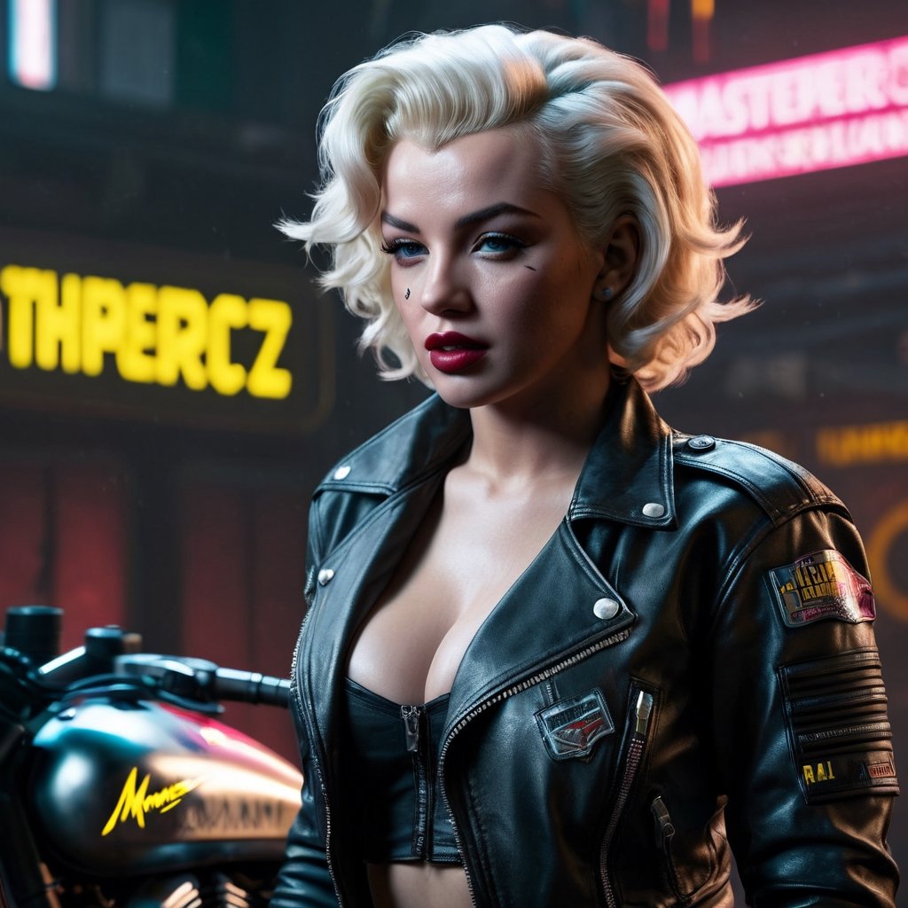 (full shot:1.2), (detailed face: 1.2), Best quality, masterpiece, ultra-high resolution, (photorealistic: 1.2), (best quality)), ((masterpiece)), 1 girl, marilyn monroe, biker outfit, cyberpunk 2077 world, realistic photo, full body, ultra details,photo r3al