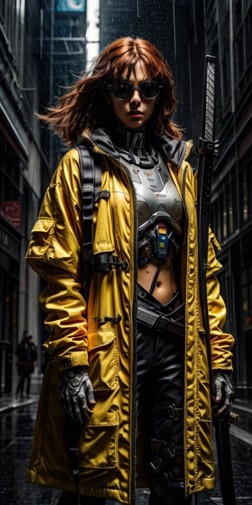 ultra realistic,  hyper realistic,  full details,  25years old young girl,  sexy face,  sharp look,  half cyborg style,  wear long yellow and blue coat,  wear futuristic sunglasses,  long red hair with ponytial,  holding_katana,  in the city of newyork,  the weather is heavy raining,  cinematic lighting,  ultra realistic,  full body shot,  detailed skin, masterpiece,  best quality,perfecteyes,urban techwear, 8k, HD quality, 4K