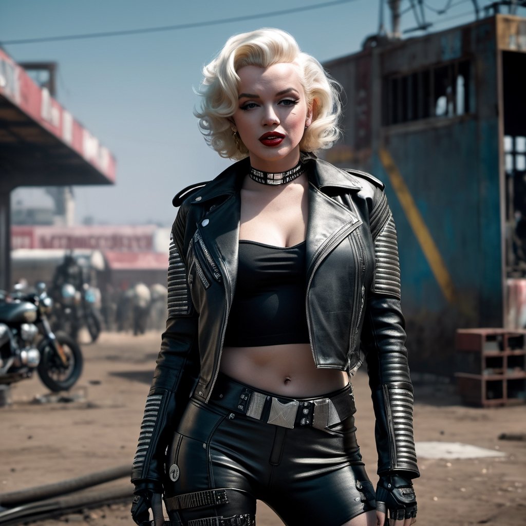 (full shot:1.2), (detailed face: 1.2), Best quality, masterpiece, ultra-high resolution, (photorealistic: 1.2), (best quality)), ((masterpiece)), 1 girl, marilyn monroe, biker outfit, cyberpunk 2077 world, realistic photo, full body, ultra details,photo r3al