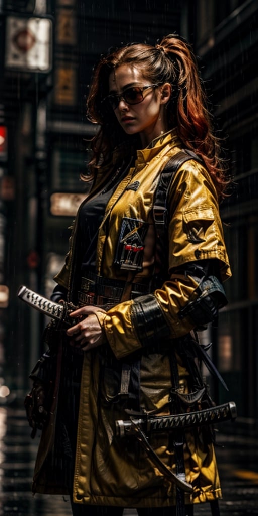 ultra realistic,  hyper realistic,  full details,  25years old young girl,  sexy face,  sharp look,  half cyborg style,  wear long yellow and blue coat,  wear futuristic sunglasses,  long red hair with ponytial,  holding_katana_sword,  in the city of newyork,  the weather is heavy raining,  cinematic lighting,  ultra realistic,  full body shot,  detailed skin, masterpiece,  best quality,perfecteyes,urban techwear