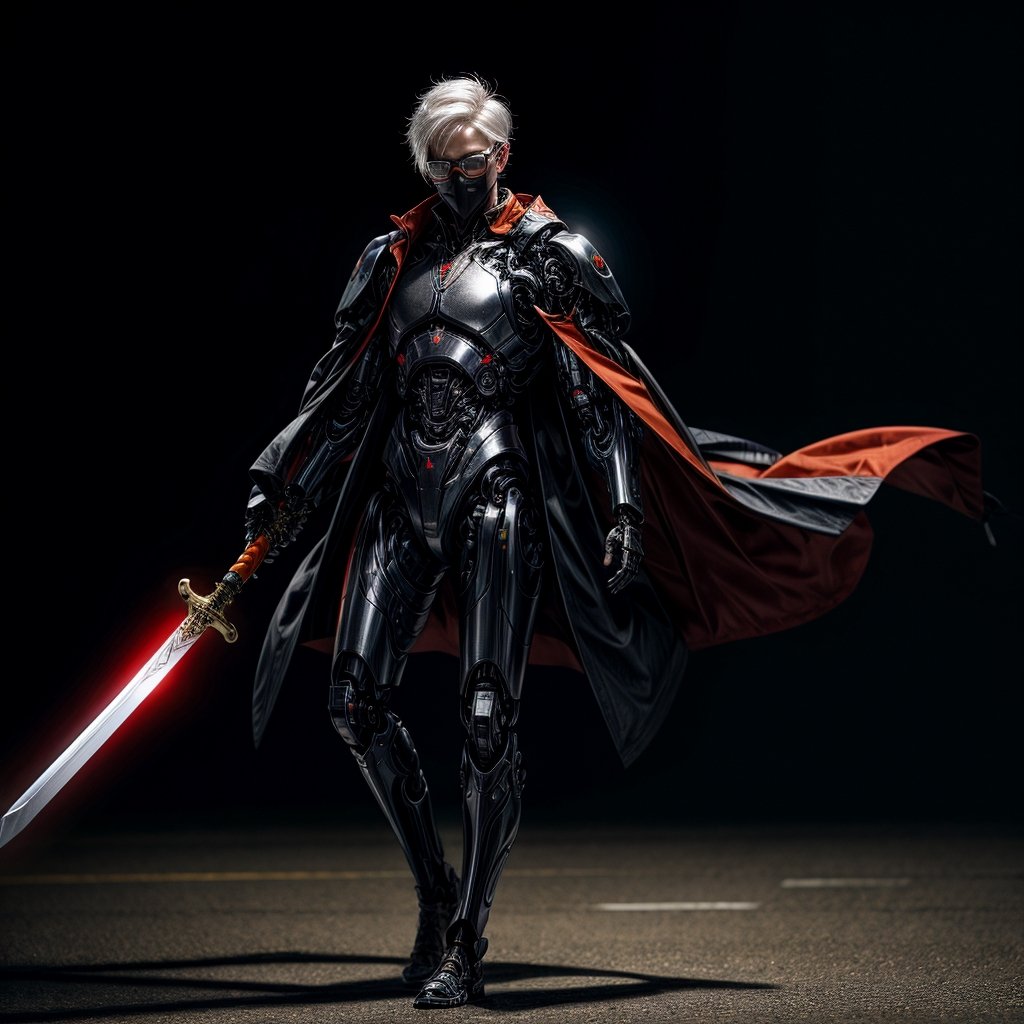  8k, ultra realistic, hyper realistic, detailed, full body, cyborg ninja, with white hair, holding sword, wearing futuristic glasses with black and orange outfit and long leather red coat, midnight cinematic lighting