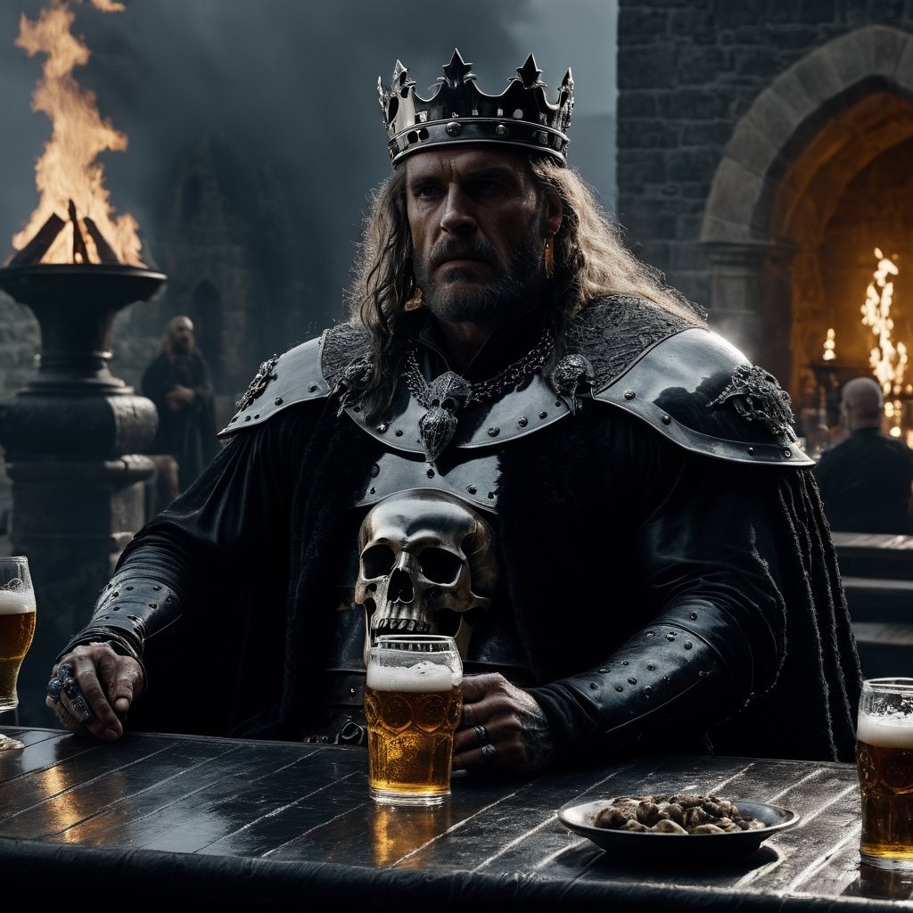 (full shot:1.2), (detailed face: 1.2), Best quality, masterpiece, ultra-high resolution, (photorealistic: 1.2), (best quality)), ((masterpiece)), an old king, muscular body, long hair, tattoos full body, skulls ring, drink beer on a full dining table, sit on skulls chair, ancient era, old castle, big crown, rain weather, big fire place, hold big sword cinematic lighting,Movie Still,detailmaster2