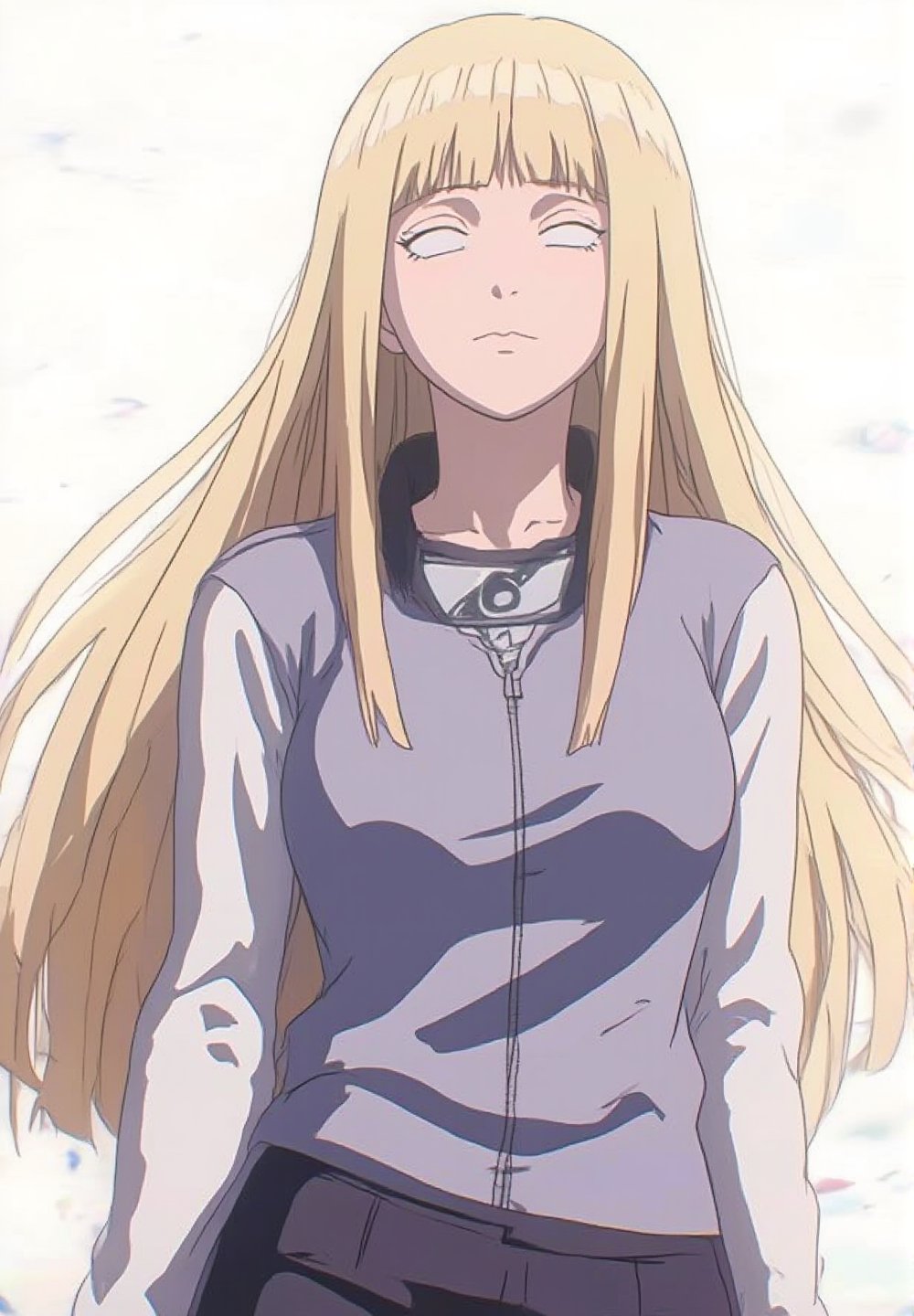 A detailed portrait of Hinata Hyuga from the Naruto anime series, standing against a pure white background. She should be wearing her iconic blue and white outfit, with her long blonde hair flowing freely. Her eyes should be closed, and a serene expression should be on her face. The background should be completely white, with no other elements present. The image should be rendered in a high-quality, anime style with vibrant colors and sharp details.