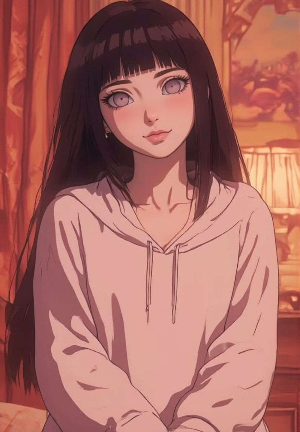 Create an image of Hinata, a beloved anime character, standing casually in her cozy pajamas and a hoodie. Her long, dark hair flows freely, and she has large, expressive anime eyes that sparkle with warmth and kindness. She wears a relaxed smile on her face, embodying comfort and charm. The background should feature a warm, inviting bedroom atmosphere with soft lighting, enhancing the cozy feel of the scene. Focus on the cute details of her outfit, capturing her laid-back yet captivating essence