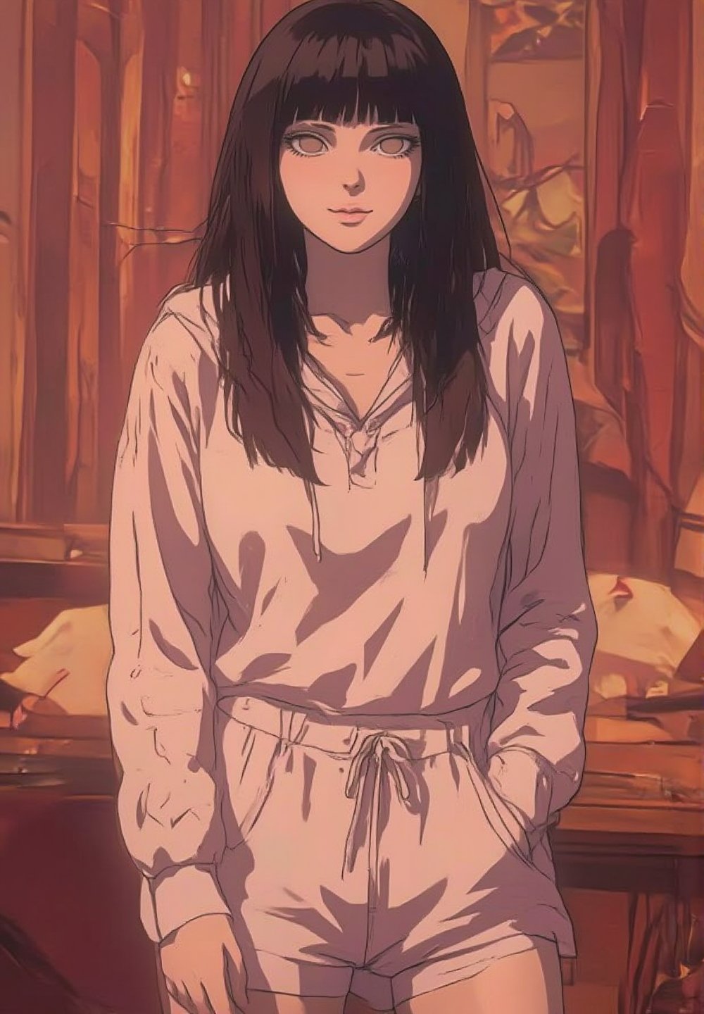 Create an image of Hinata, a beloved anime character, standing casually in her cozy pajamas and a hoodie. Her long, dark hair flows freely, and she has large, expressive anime eyes that sparkle with warmth and kindness. She wears a relaxed smile on her face, embodying comfort and charm. The background should feature a warm, inviting bedroom atmosphere with soft lighting, enhancing the cozy feel of the scene. Focus on the cute details of her outfit, capturing her laid-back yet captivating essence