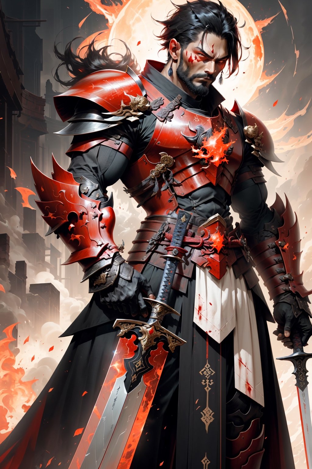 a close up of a person holding a sword and a red light, ruler of inferno, beautiful male god of death, black fire color reflected armor, demon samurai warrior, demon samurai, keqing from genshin impact, king of time reaper, ares with heavy armor and sword, lord of cinder, red demon armor, black and red armor, blood red armor