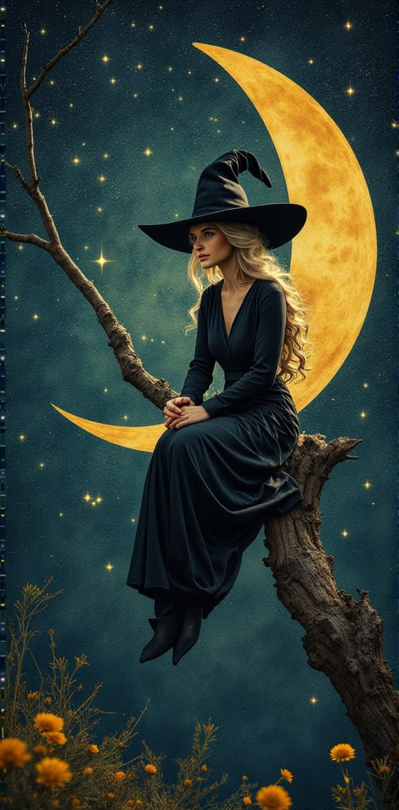 (masterpiece, top quality, best quality, official art, beautiful and aesthetic:1.2), (1girl:1.4), extreme detailed, a witch sitting on a crescent moon through a starry night, captured in the detailed gouache style of Hieronymous Bosch and Klimt,art_booster