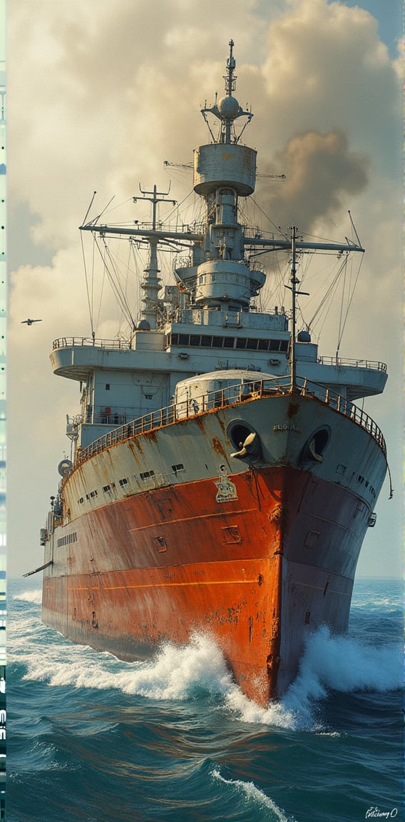 "An imaginative and impressionist depiction of a ripped, tattered, and battle-worn appearance of a large ship, with vibrant, focused brushstrokes capturing every detail. A focused impressionist image where every brushstroke is sharp and clear. Color palette blends muted, earthy tones with vibrant accents, enhancing the depth and atmosphere of the scene. Every detail in the image in sharp focus. Distinct forms and shapes in the background should suggest a military flying drone."