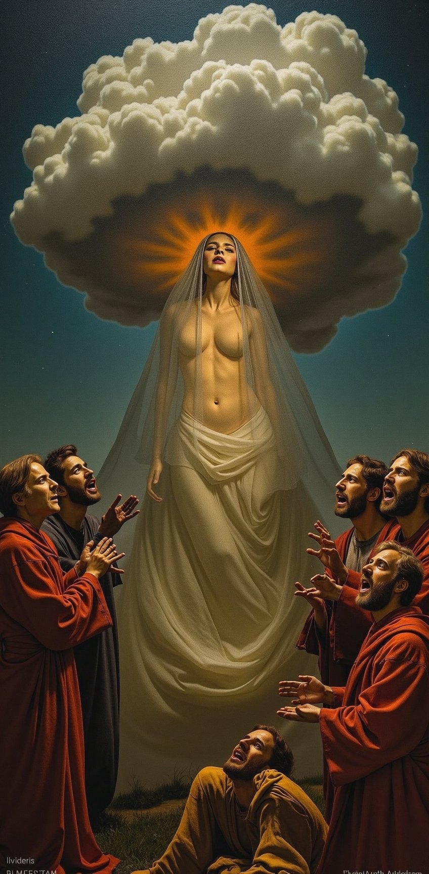 A stunning modern interpretation of Heinrich Lossow's 1880 painting, "The Sin." The artwork showcases a dramatic scene with a central female figure engulfed by a large, dark, and ominous cloud, symbolizing sin. She is surrounded by various biblical figures, each with distinct facial expressions of despair and anguish. The modern representation features a vivid color palette, and the figures are portrayed with a surreal, dreamlike quality.