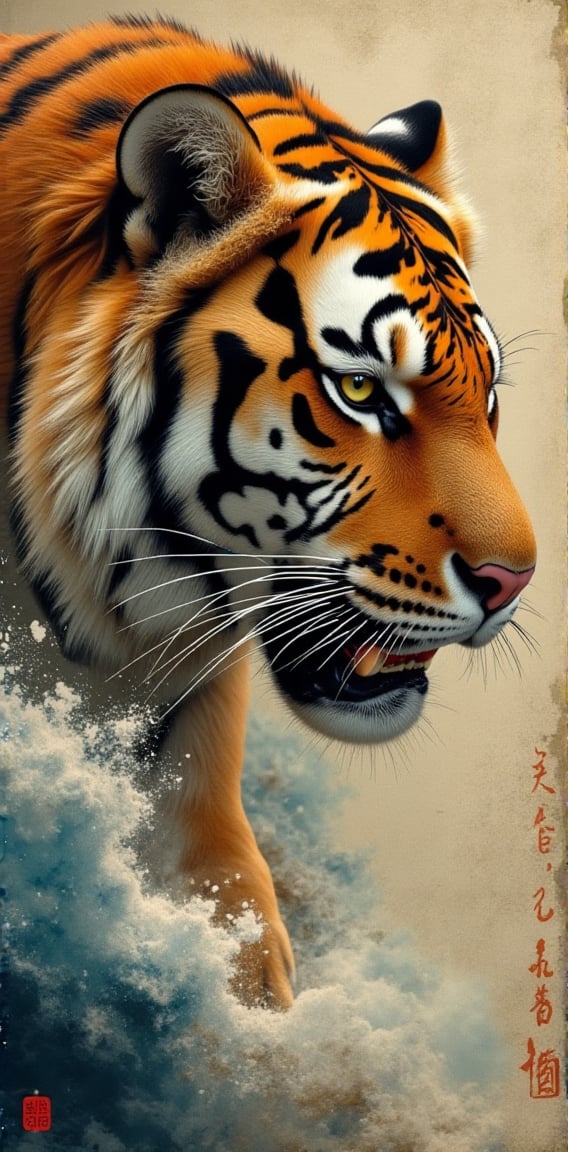 masterpiece, high quality, realistic aesthetic photo ,(HDR:1.2), pore and detailed, intricate detailed, graceful and beautiful textures, RAW photo, 16K,   sharp forcus, vibrant colors, movie Poster,              
ancient ink wash painting, tiger,classical Asian art,Movie Poster,oil painting