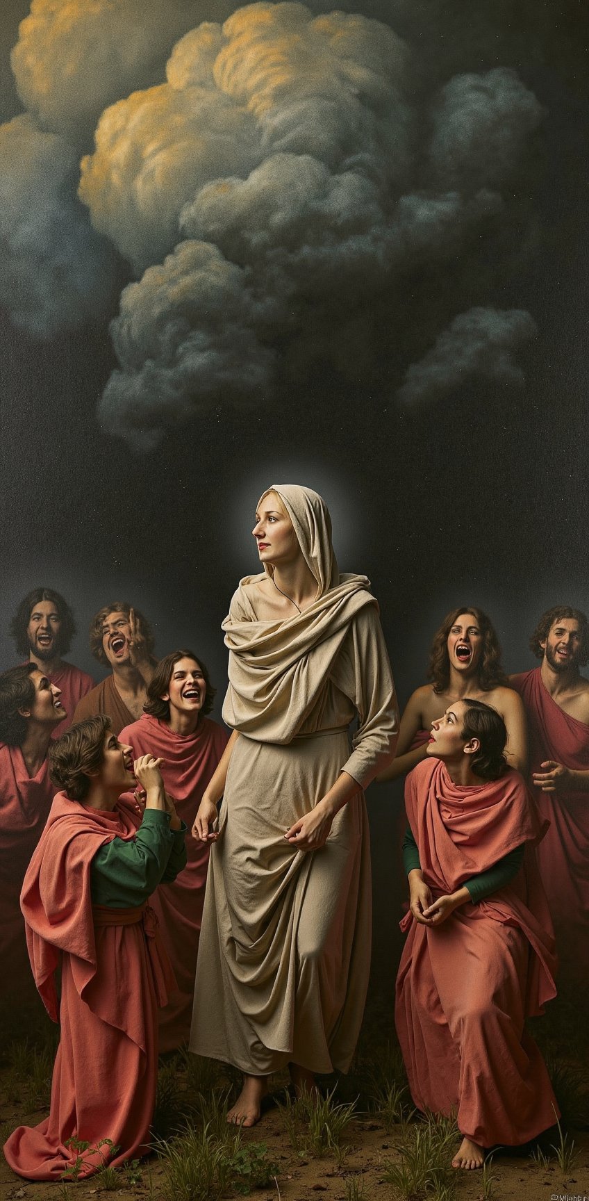 A stunning modern interpretation of Heinrich Lossow's 1880 painting, "The Sin." The artwork showcases a dramatic scene with a central female figure engulfed by a large, dark, and ominous cloud, symbolizing sin. She is surrounded by various biblical figures, each with distinct facial expressions of despair and anguish. The modern representation features a vivid color palette, and the figures are portrayed with a surreal, dreamlike quality.