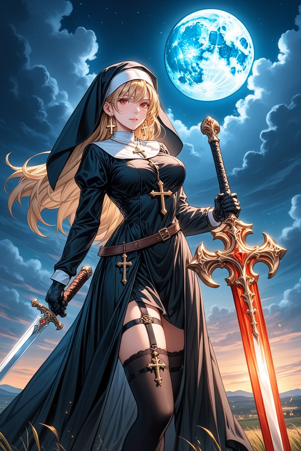 1girl, solo, long hair, breasts, looking at viewer, blonde hair, large breasts, red eyes, thighhighs, gloves, long sleeves, dress, holding, jewelry, weapon, cowboy shot, earrings, outdoors, sky, black gloves, sword, black thighhighs, cloud, necklace, holding weapon, black dress, covered navel, night, glowing, garter straps, holding sword, moon, cross, night sky, full moon, dual wielding, nun, habit, cross necklace