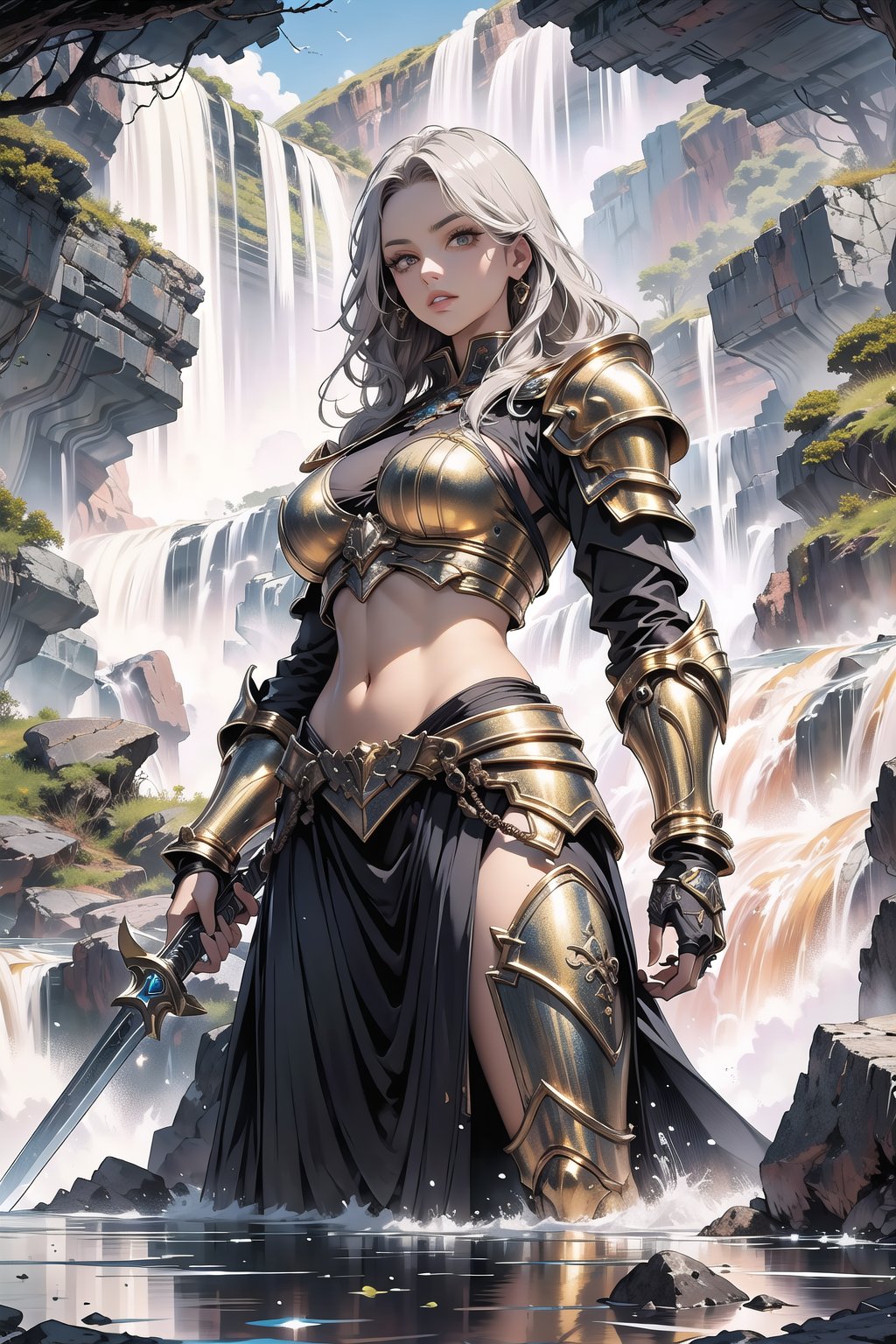 A breathtaking, ultra-detailed illustration of a stunning female warrior stands at the edge of a mountain cliff, gazing directly at the viewer. Her intricately drawn face and piercing eyes seem to radiate an aura of confidence and strength. The waterfall cascades down the rocky face behind her, creating a misty veil that adds depth and mystery to the scene.

She wears a metallic bikini-armor hybrid, adorned with gleaming chrome accents on her shoulder armor, gauntlet, and pauldrons. Her muscular physique is accentuated by the dynamic pose, as she stands in a battle-ready stance, sword at the ready. The parted lips and navel are subtly emphasized, drawing attention to her toned midriff.

The sun casts a warm, golden glow on the warrior's skin, with a hint of subtle shine on her metallic attire. The surrounding atmosphere is bathed in a soft, dreamy light, imbuing the entire scene with an air of ethereal beauty.